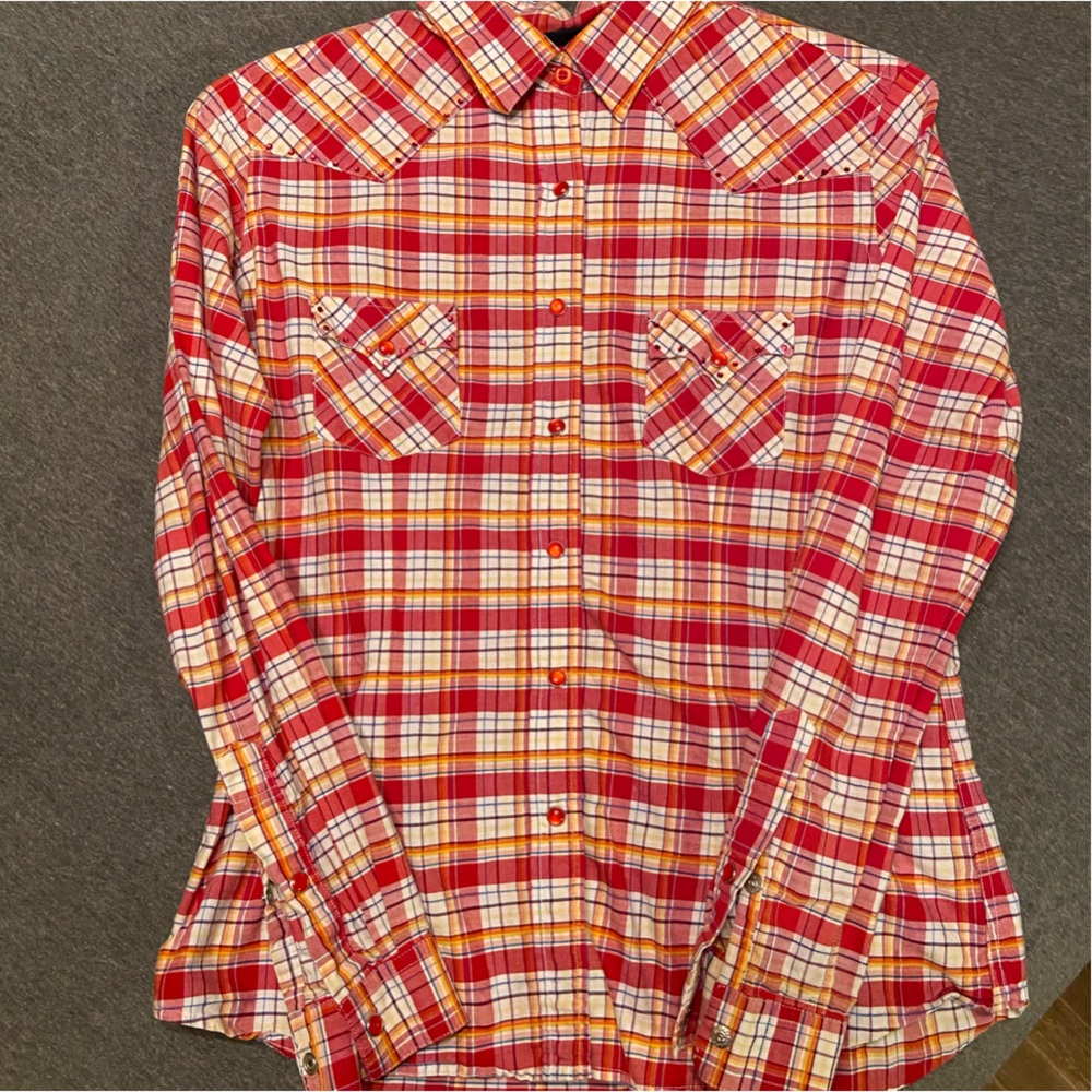 Western Plaid Button-Up Shirt - Red and White Pearl snap - Picture 2 of 5